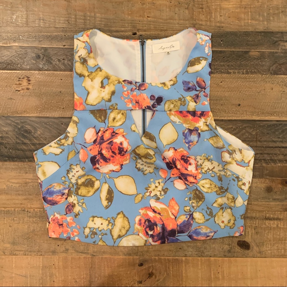Sugarlips Crop Top in Blue and Pink Floral Pattern